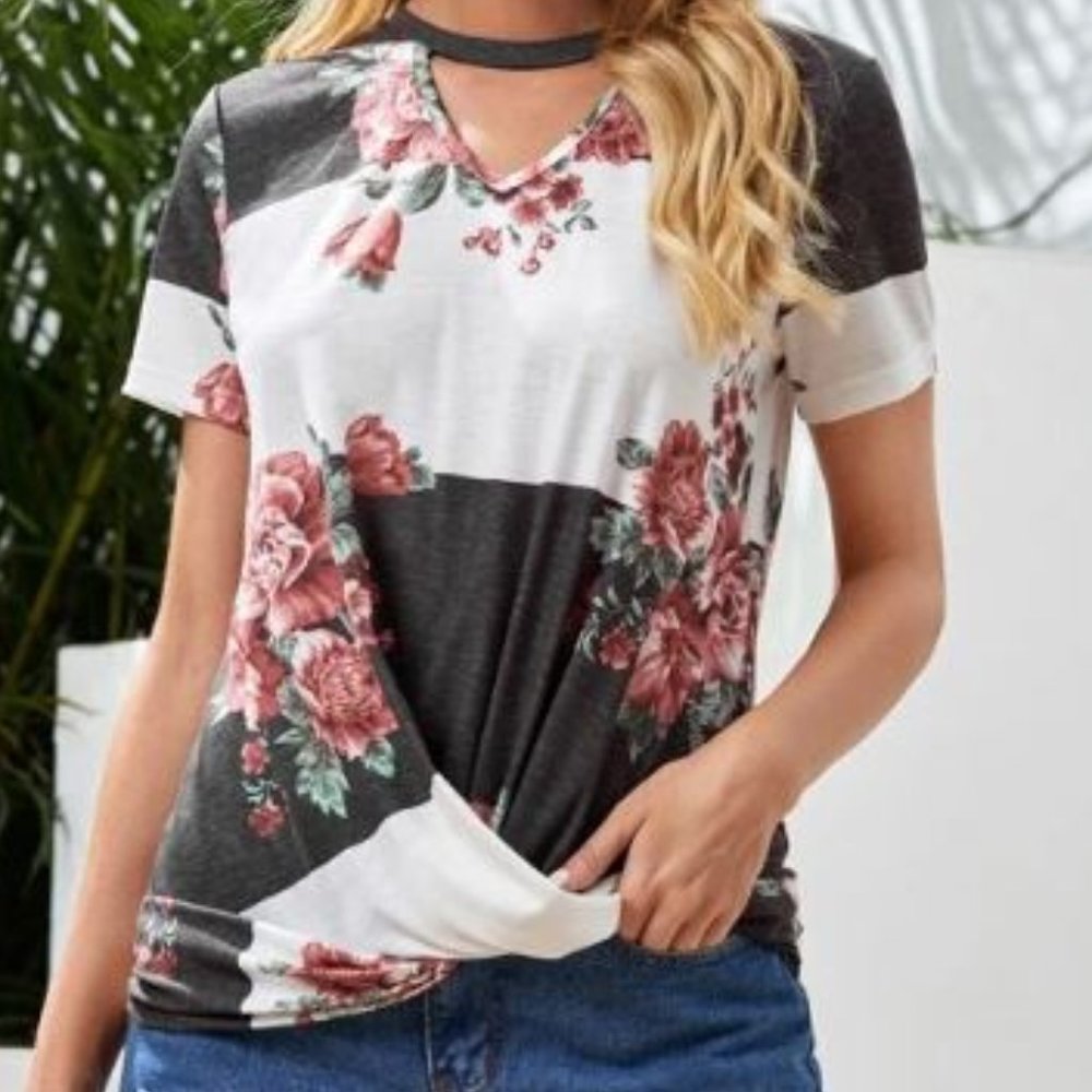 5 for $20! Keyhole Neck Cross Wrap Hem Floral Print Colorblock Tee